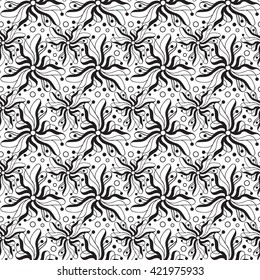Seamless creative hand-drawn pattern composed of stylized flowers in black and white colors. Vector illustration.