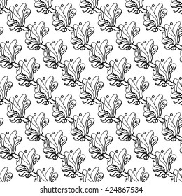 Seamless creative hand-drawn pattern composed of stylized flowers in black and white colors. Vector illustration.