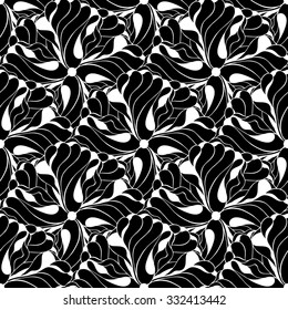 Seamless creative hand-drawn pattern of stylized flowers in black and white colors. Vector illustration.