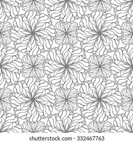 Seamless creative hand-drawn pattern of stylized flowers in black and white colors. Vector illustration.
