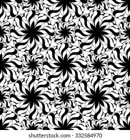 Seamless creative hand-drawn pattern of stylized flowers in black and white colors. Vector illustration.