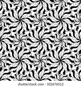 Seamless creative hand-drawn pattern of stylized flowers in black and white colors. Vector illustration.