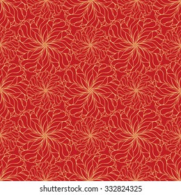 Seamless creative hand-drawn pattern of stylized flowers in yellow and red colors. Vector illustration.