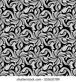 Seamless creative hand-drawn pattern of stylized flowers in black and white colors. Vector illustration.
