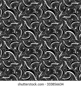 Seamless creative hand-drawn pattern of stylized flowers in black and white colors. Vector illustration.