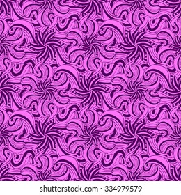 Seamless creative hand-drawn pattern of stylized flowers in bright fuchsia and dark purple colors. Vector illustration.