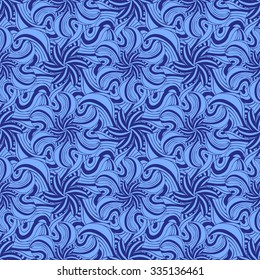 Seamless creative hand-drawn pattern of stylized flowers in cornflower blue and deep cerulean colors. Vector illustration.