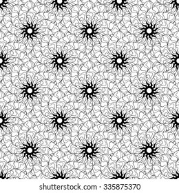 Seamless creative hand-drawn pattern of stylized flowers in black and white colors. Vector illustration.