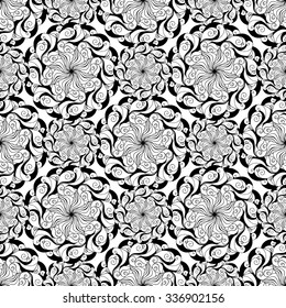 Seamless creative hand-drawn pattern of stylized flowers in black and white colors. Vector illustration.