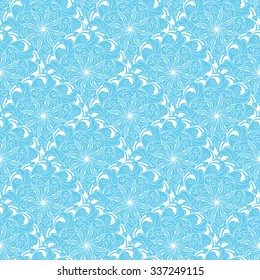 Seamless creative hand-drawn pattern of stylized flowers in light turquoise and white colors. Vector illustration.