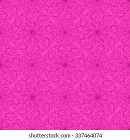 Seamless creative hand-drawn pattern of stylized flowers in bright fuchsia and mauve colors. Vector illustration.