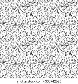 Seamless creative hand-drawn pattern of stylized flowers in black and white colors. Vector illustration.