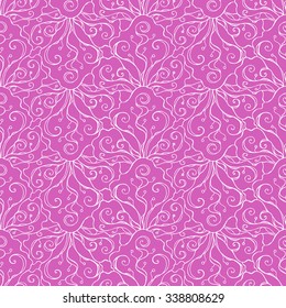 Seamless creative hand-drawn pattern of stylized flowers in bright purple and white colors. Vector illustration.