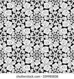 Seamless creative hand-drawn pattern of stylized flowers in black and white colors. Vector illustration.