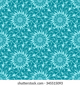 Seamless creative hand-drawn pattern of stylized flowers in light turquoise and blue-green colors. Vector illustration.