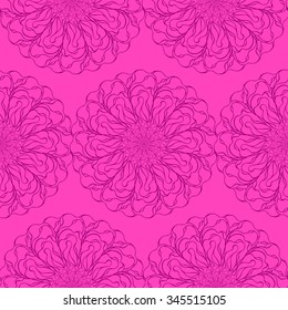 Seamless creative hand-drawn pattern of stylized flowers in bright fuchsia and mauve colors. Vector illustration.