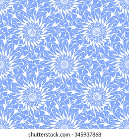 Seamless creative hand-drawn pattern of stylized flowers in cornflower blue and white colors. Vector illustration.