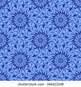 Seamless creative hand-drawn pattern of stylized flowers in cornflower and cerulean blue colors. Vector illustration.