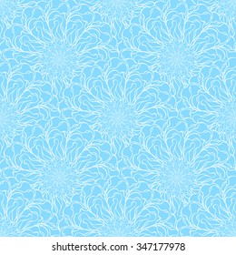 Seamless creative hand-drawn pattern of stylized flowers in pale cyan and white colors. Vector illustration.
