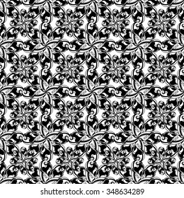Seamless creative hand-drawn pattern of stylized flowers in black and white colors. Vector illustration.