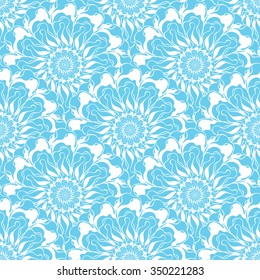 Seamless creative hand-drawn pattern of stylized flowers in light turquoise and white colors. Vector illustration.