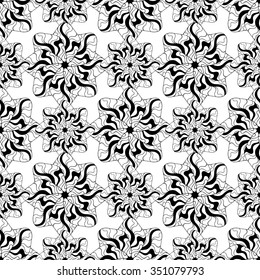 Seamless creative hand-drawn pattern of stylized flowers in black and white colors. Vector illustration.