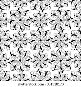 Seamless creative hand-drawn pattern of stylized flowers in black and white colors. Vector illustration.