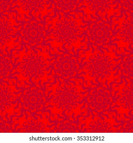 Seamless creative hand-drawn pattern of stylized flowers in bright scarlet and maroon colors. Vector illustration.