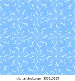 Seamless creative hand-drawn pattern of stylized flowers in pale cyan and cornflower blue colors. Vector illustration.