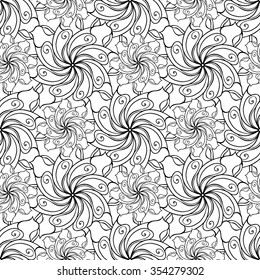 Seamless creative hand-drawn pattern of stylized flowers in black and white colors. Vector illustration.