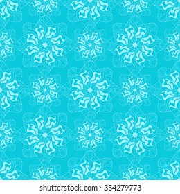 Seamless creative hand-drawn pattern of stylized flowers in light cyan and bright turquoise colors. Vector illustration.