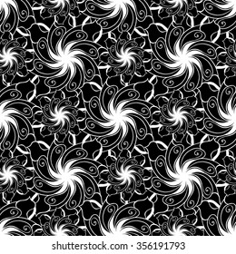 Seamless creative hand-drawn pattern of stylized flowers in black and white colors. Vector illustration.