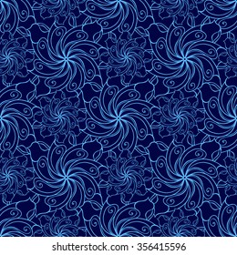 Seamless creative hand-drawn pattern of stylized flowers in bright cyan and indigo colors. Vector illustration.