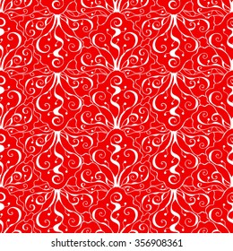 Seamless creative hand-drawn pattern of stylized flowers in white and bright scarlet colors. Vector illustration.
