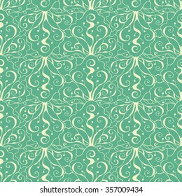 Seamless creative hand-drawn pattern of stylized flowers in pale yellow and green colors. Vector illustration.