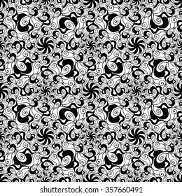 Seamless creative hand-drawn pattern of stylized flowers in black and white colors. Vector illustration.