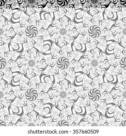 Seamless creative hand-drawn pattern of stylized flowers in black and white colors. Vector illustration.