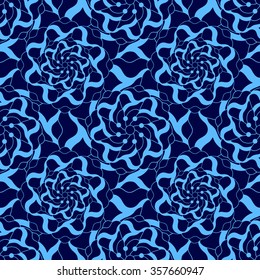 Seamless creative hand-drawn pattern of stylized flowers in bright cyan and indigo colors. Vector illustration.