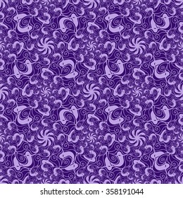 Seamless creative hand-drawn pattern of stylized flowers in pale lilac and dark violet colors. Vector illustration.