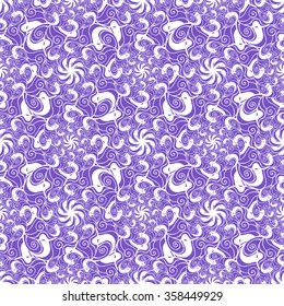 Seamless creative hand-drawn pattern of stylized flowers in white and violet colors. Vector illustration.