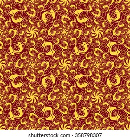 Seamless creative hand-drawn pattern of stylized flowers in bright yellow and maroon colors. Vector illustration.