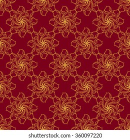 Seamless creative hand-drawn pattern of stylized flowers in bright yellow and maroon colors. Vector illustration.