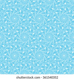 Seamless creative hand-drawn pattern of stylized flowers in light turquoise and white colors. Vector illustration.