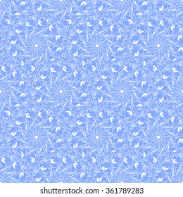 Seamless creative hand-drawn pattern of stylized flowers in cornflower blue and white colors. Vector illustration.