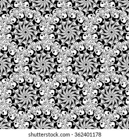 Seamless creative hand-drawn pattern of stylized flowers in black and white colors. Vector illustration.