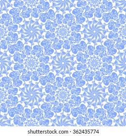 Seamless creative hand-drawn pattern of stylized flowers in cornflower blue and white colors. Vector illustration.