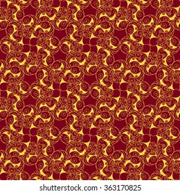 Seamless creative hand-drawn pattern of stylized flowers in bright yellow and maroon colors. Vector illustration.