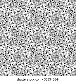 Seamless creative hand-drawn pattern of stylized flowers in black and white colors. Vector illustration.