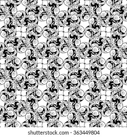 Seamless creative hand-drawn pattern of stylized flowers in black and white colors. Vector illustration.
