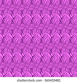 Seamless creative hand-drawn pattern of stylized flowers in dark violet and bright magenta colors. Vector illustration.